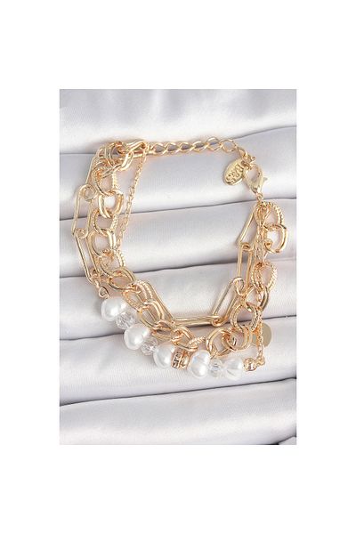 maarketim Brass Gold Color Multiple Chain Model Pearl Zircon Stone Detail Women's Bracelet
