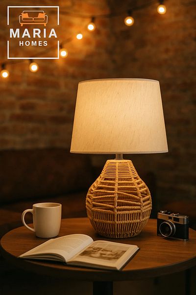 MARIA HOMES Coastal Style Rattan Table Lamp with Fabric Shade for Bedroom or Beach House Decor