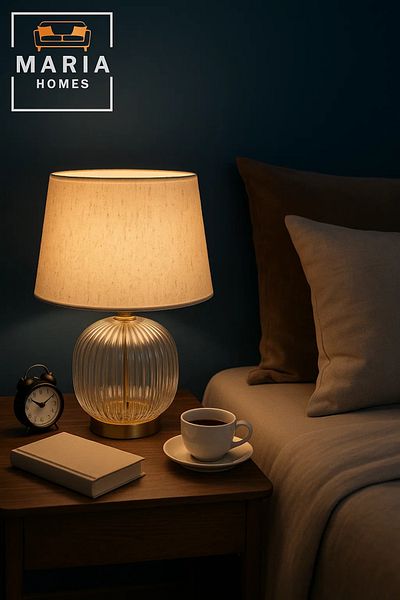 MARIA HOMES Glass Table Lamp with Ribbed Base and Fabric Shade