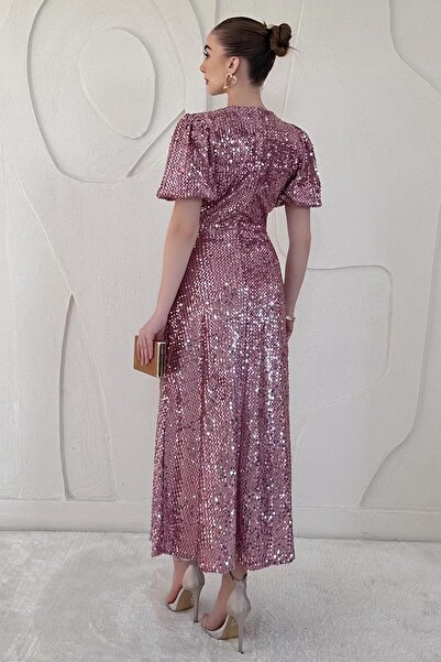 Elbee Fashion Woman Φόρεμα με παγιέτες σε σκόνη μεσαίου μήκους