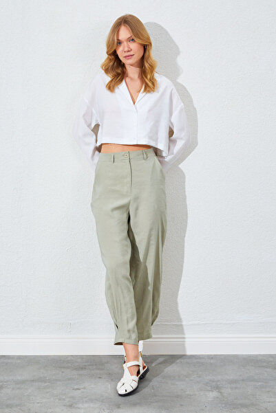 Manche Paça Düğmeli Modal Kumaş Pantolon - Çağla | Mks661811-01