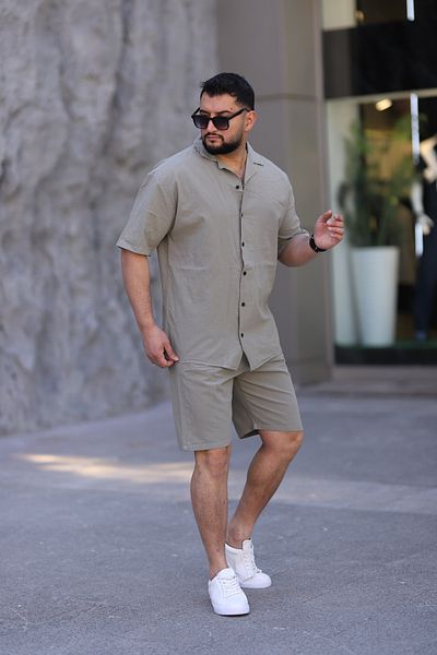 MYRAB DENİM Çağla Green Color Shirt Shorts Men's Linen Suit Oversize Fit