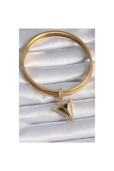 maarketim Brass Gold Color Zircon Stone 3D Triangle Model Ajda Charm