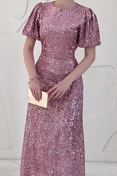 Elbee Fashion Woman Φόρεμα με παγιέτες σε σκόνη μεσαίου μήκους