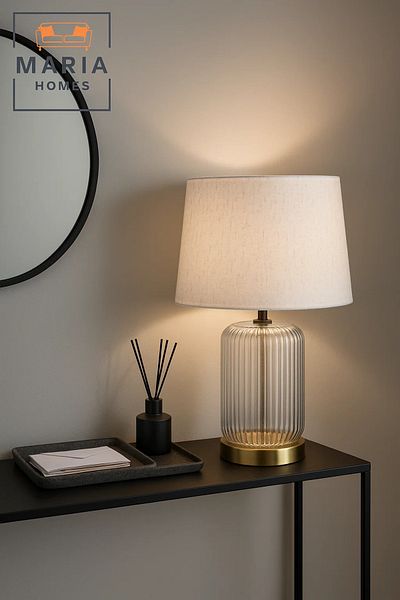 MARIA HOMES Ribbed Glass Table Lamp With Beige Shade And Gold Base For Elegant Night Lighting