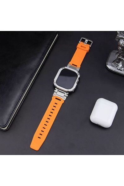 REDz Accessories Curea Hybrid Armor 2 în 1 pentru Apple Watch, protecție completă, silicon, portocaliu și culoarea stelelor - 44 mm
