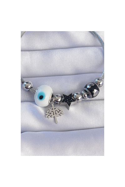 maarketim 316L Steel Silver Color Black Zircon Stone Star Design Tree Detail Evil Eye Charm Bracelet