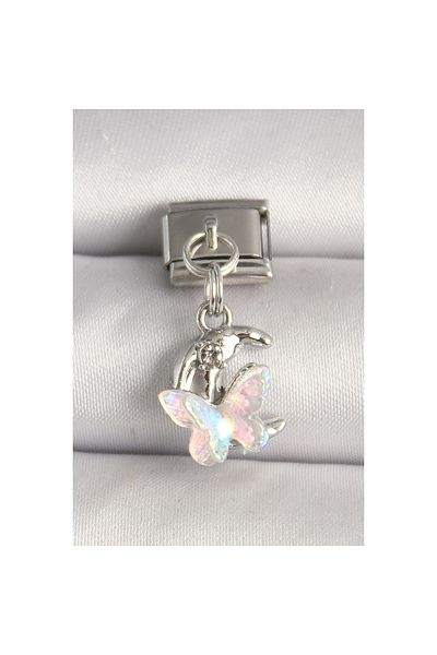 maarketim 316L Steel Silver Color Zircon Stone Crescent White Enamel Butterfly Model Nomination Charm