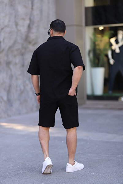 MYRAB DENİM Black Color Shirt Shorts Men's Linen Suit Oversize Fit