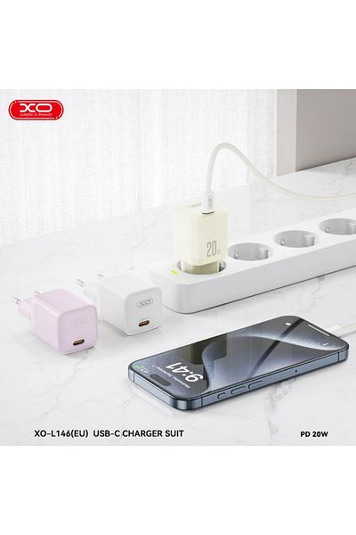 REDz Accessories Adaptor de priză UE Xo-l146, port Type-C, încărcare rapidă, putere 20w, alb