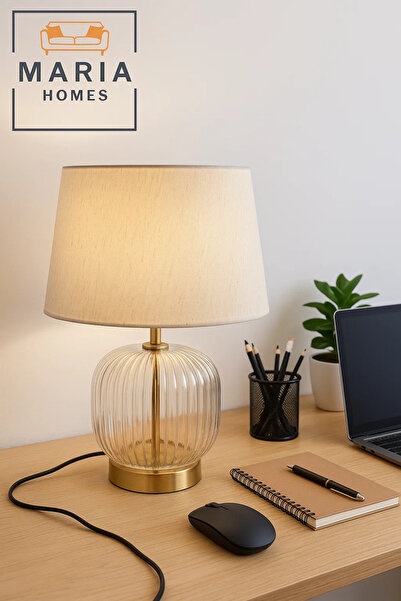 MARIA HOMES مصباح طاولة زجاجي بقاعدة مضلعة وغطاء من القماش