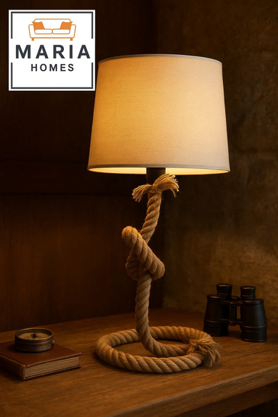 MARIA HOMES مصباح طاولة حبلي ساحلي مع غطاء من القماش