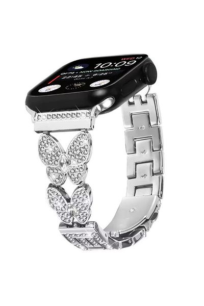 REDz Accessories Crystal Butterfly Strap For Apple Watch Design With Rhinestones, Metallic, Silver - 38/40/41 Mm