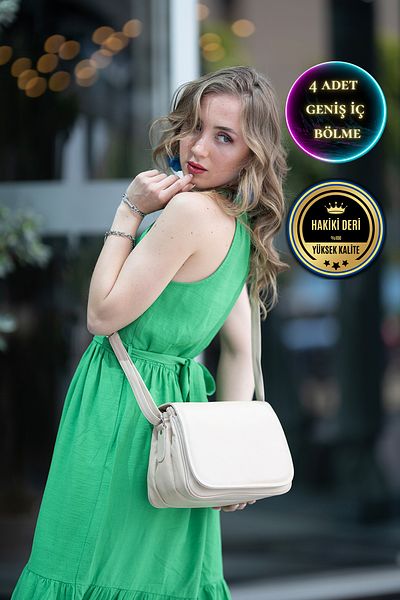 CüzCan Γυναικεία τσάντα ώμου Flexi Cream από γνήσιο δέρμα 4 θέσεων