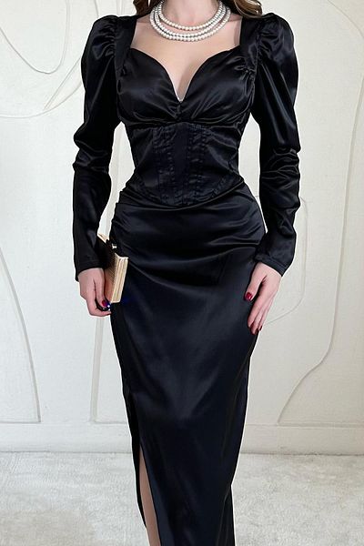Elbee Fashion Woman Satin Breast Cup Slit Detailed Dress