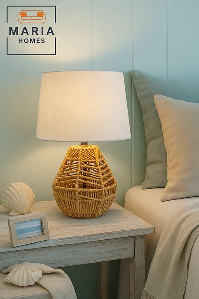 MARIA HOMES Coastal Style Rattan Table Lamp with Fabric Shade for Bedroom or Beach House Decor