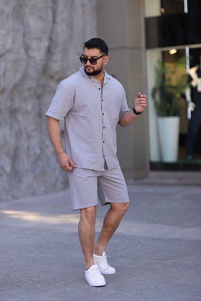 MYRAB DENİM Gray Color Shirt Shorts Men's Linen Suit Oversize Fit