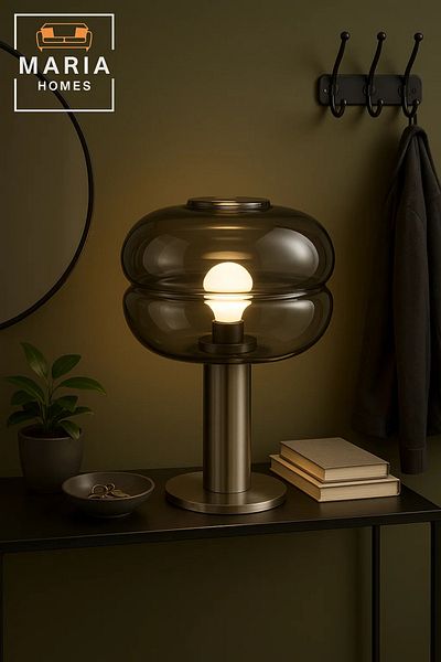 MARIA HOMES Brushed Steel Lamp With Smoked Glass Dome