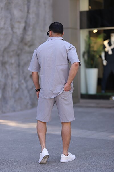 MYRAB DENİM Gray Color Shirt Shorts Men's Linen Suit Oversize Fit