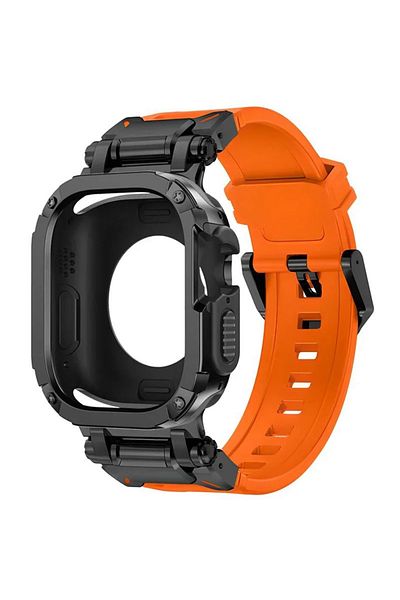 REDz Accessories Hybrid Armor 2 In 1 Strap For Apple Watch, Full Protection, Silicone, Orange And Black - 44 Mm