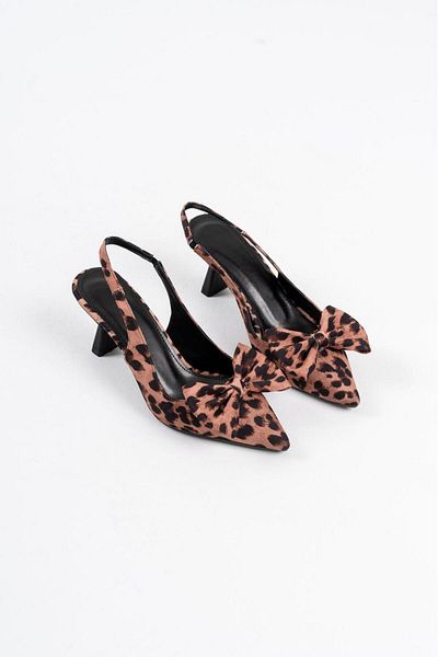 Griffa Women's Tan Leopard Fabric Bow Open Back Daily Casual Evening Dress Stiletto Heeled Shoes