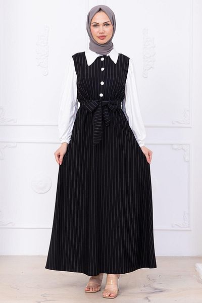 hafsamina Sleeve Garnish Striped Hijab Dress Black Hm2740