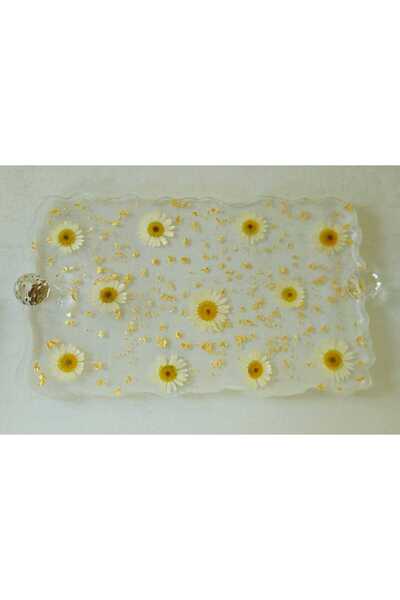 EpoksArt Design Gerçek Papatyalı Altın Varaklı Dikdörtgen Dalgalı Desenli Epo...