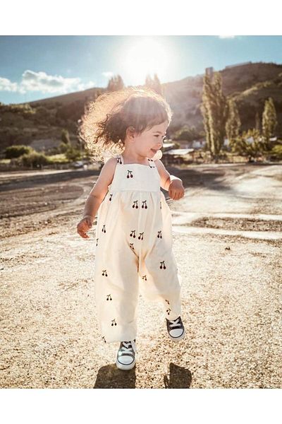 Karan Kids Cherry Embroidered Suspender Ruffle Detailed Cotton Linen Jumpsuit