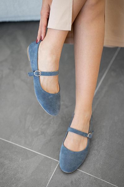 Parponi Desni Banded din piele naturală din piele intoarsa balerini albastru denim