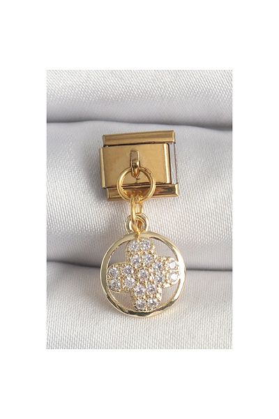 maarketim 316L Steel Gold Color Hanging Zircon Stone Clover Model Nomination Charm