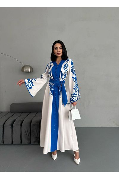 WellWay Rochie cu mâneci cu mâneci din țesătură Atlas cu model de flori (CUREA INCLUSĂ)-Albastru-2507