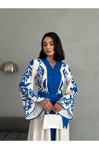 WellWay Rochie cu mâneci cu mâneci din țesătură Atlas cu model de flori (CUREA INCLUSĂ)-Albastru-2507