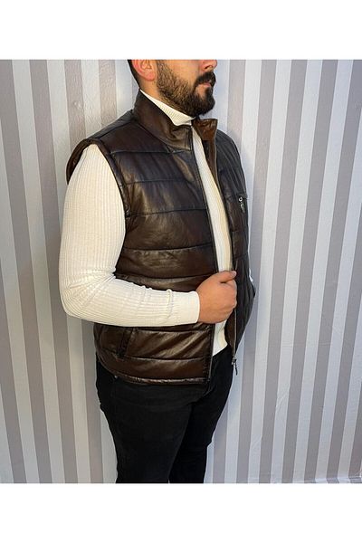 NYC GİYİM TEKSTİL Inflatable Genuine Leather Vest Blackened Brown Casual, Seasonal Slim Fit Cut
