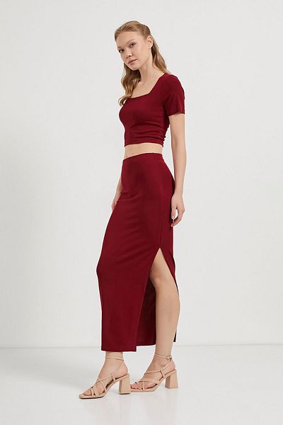 Arma Life Women's Crop Blouse Slit Stretch Skirt Burgundy Bottom Top Set