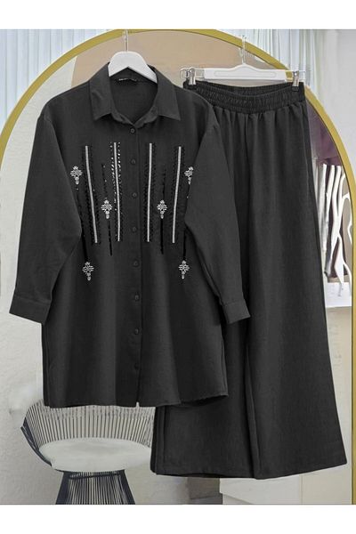 Modamorfo Buttoned Front Sequined Trousers Suit -Black