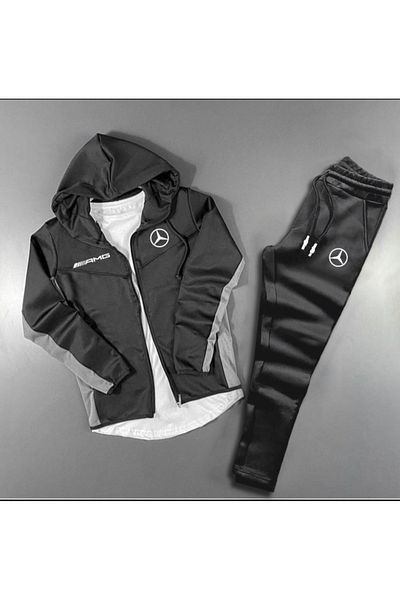 ByFourMan Hooded Scuba Amg Logo Printed Black Zippered Men's Tracksuit Set