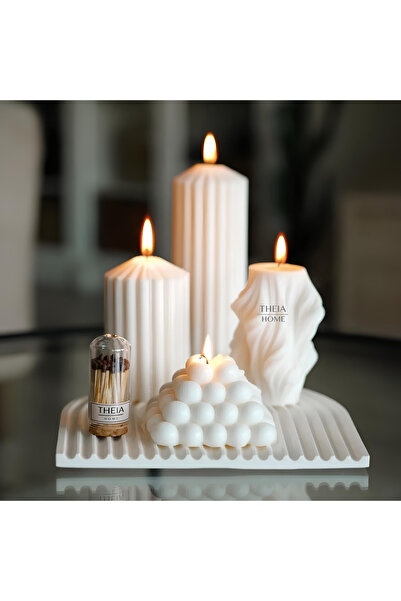 THEIA HOME 7'li Set Vanilya Kokulu Vegan Doğal Renk Soya Mum Dekoratif Tabak ...