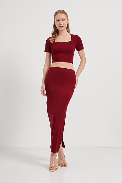 Arma Life Women's Crop Blouse Slit Stretch Skirt Burgundy Bottom Top Set