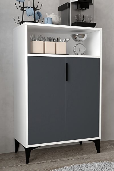 Evmo Home 1202 Ada Çok Amaçlı Dolap , Kahve Köşesi , Kiler Dolabı , Mutfak Standı 2 Kapılı - Beyaz Antrasit