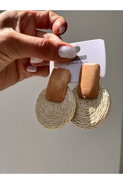Gözde Tasarım Butik Women Natural Beige Color Summer Hook Wheat Earrings 6 cm