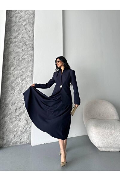 Ekim Store Gold Düğmeli Etekli İkili Blazer Takım