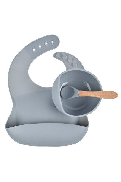 Little Cloud طقم المريلة مع وعاء وملعقة (رصاصي) مع خاصية كتابة اسم طفلك