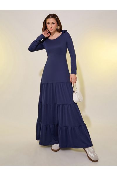 Styli Solid Long Sleeves Tiered Maxi Dress with Corsage Detail
