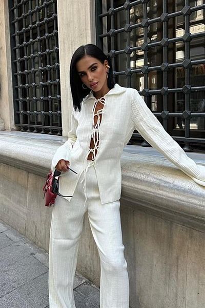 RICHMOST Women's Ribbed Suit with Rope Binding Detail and Standard Size Long Sleeve Wide Leg (2 Pieces) Ecru