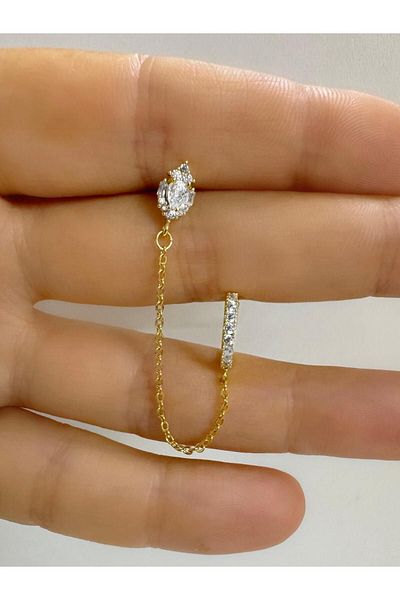 Arescollection Zircon Stone Piercing Earrings - 1 Piece, Chain Connection, Cartilage and Earlobe Compatible