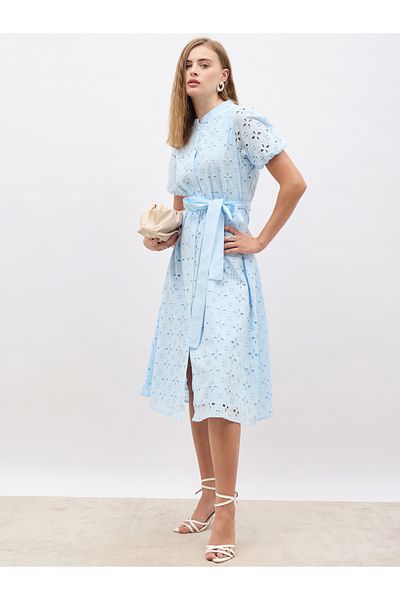 Styli Schiffli Puff Sleeves Belted Shirt Midi Dress
