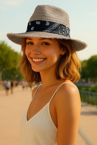 LAGRANZE Premium Women's Summer Wide Brim Bandana Cowboy Hat with Stripe