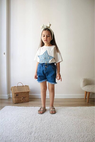 kr kids Girl's Pearl Detail Star Print T-Shirt and Denim Shorts Summer Set