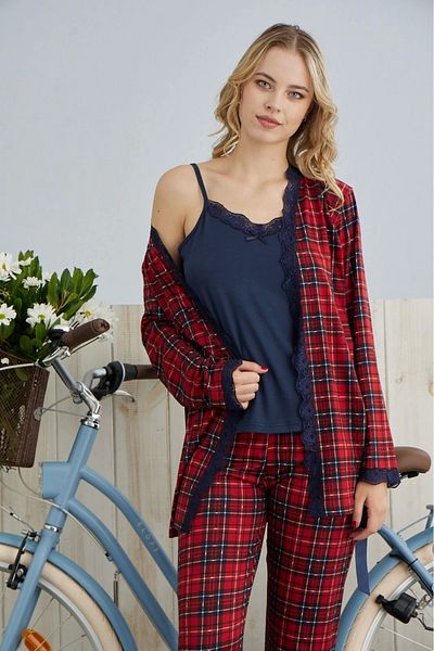 Pijamoni Women's Milan Fabric Printed Red Pajama Set with Dressing Gown and Straps - 7570