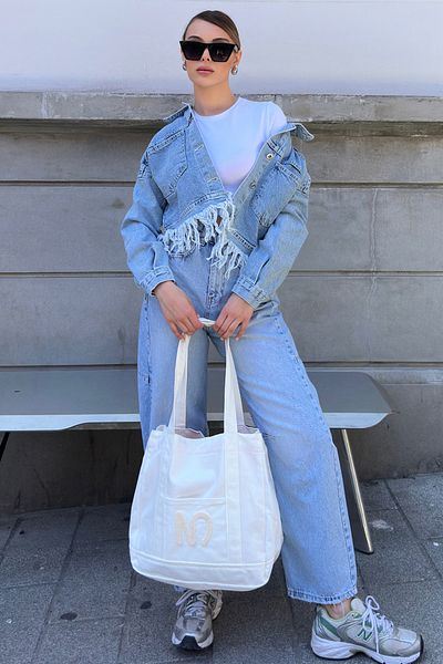 VAGGON Set de blugi pentru femei Mix Tassel Baggy Jean Tote și ochelari de soare V00044